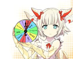 Rule 34 | 1girl, bare shoulders, blonde hair, blue eyes, claws, clock hands, dragon girl, dragon horns, dragon wings, dress, expressionless, hair ribbon, highres, horns, ishiyumi, looking at viewer, myr (p&amp;d), pointy ears, puzzle &amp; dragons, ribbon, scales, short hair, solo, translation request, white dress, wings