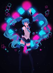 Rule 34 | 1girl, ;d, arm up, bad id, bad pixiv id, blue eyes, blue hair, contrapposto, hatsune miku, highres, long hair, lunchicken, matching hair/eyes, necktie, one eye closed, open mouth, simple background, skirt, smile, solo, standing, thighhighs, vocaloid, zettai ryouiki