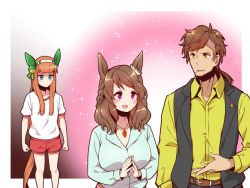 Rule 34 | 1boy, 2girls, animal ears, breast envy, breasts, brown hair, cleavage, clenched hands, commentary request, hair ornament, headband, horse ears, large breasts, light hello (umamusume), long hair, multiple girls, orange hair, shorts, silence suzuka (umamusume), simple background, sparkle, team spica&#039;s trainer, trainer (umamusume), umamusume, yonedatomo mizu
