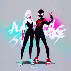 Rule 34 | 1boy, 1girl, bodysuit, copyright name, emblem, english text, gwen stacy, highres, hood, hood up, hooded bodysuit, looking at viewer, m/, marina (mrn9), marvel, mask, miles morales, shoes, sneakers, spider-gwen, spider-man: across the spider-verse, spider-man: across the the spider-verse part 1, spider-man: into the spider-verse, spider-man (miles morales), spider-man (series), spider-verse, standing, superhero costume