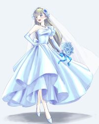 Rule 34 | 1girl, :d, banana (8771207), blue background, blue bow, blue dress, blue eyes, blue flower, blue ribbon, blue theme, bouquet, bow, commentary request, crossed legs, dress, elbow gloves, flower, gloves, grey hair, highres, holding, holding bouquet, jewelry, lawine (sousou no frieren), long hair, looking to the side, necklace, open mouth, ribbon, simple background, skirt hold, smile, solo, sousou no frieren, tiara, watson cross, white veil