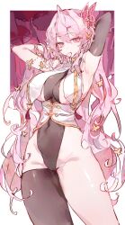 Rule 34 | 1girl, absurdres, armpits, arms up, bare shoulders, black thighhighs, breasts, butterfly hair ornament, cocoballking, commentary request, commission, covered navel, cowboy shot, groin, hair ornament, hair tie in mouth, highres, large breasts, mouth hold, original, pink hair, pixiv commission, single thighhigh, solo, standing, thighhighs