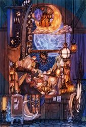 Rule 34 | 1boy, 2girls, animal ears, braid, brown hair, cat, child, claymore (sword), closed eyes, commentary, crescent moon, curtains, fantasy, faux traditional media, full moon, gloves, hat, highres, indoors, lamp, lantern, long hair, maeka (kumaekake), money, moon, multiple girls, note, original, profile, robe, shop, short hair, sitting, smile, sword, weapon, window, witch hat