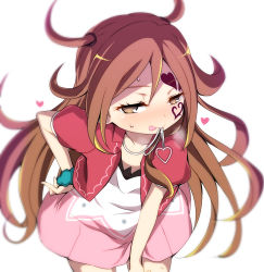 Rule 34 | 1girl, blush, breath, brown eyes, brown hair, child, closed mouth, collarbone, cowboy shot, dress, facial tattoo, hair between eyes, half-closed eyes, hand on own hip, heart, heart tattoo, heat necklace, highres, kagami tina, long hair, looking at viewer, mouth hold, multicolored clothes, multicolored dress, mushiking, naughty face, open clothes, pink dress, short sleeves, simple background, solo, standing, sweat, tattoo, tongue, tongue out, two side up, watarui, white background, white dress