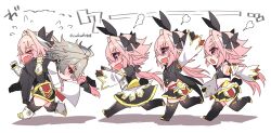Rule 34 | &gt; &lt;, 5boys, anger vein, angry, animal ears, antenna hair, armored skirt, arms up, astolfo (fate), astolfo (saber) (fate), astolfo (saber) (third ascension) (fate), bare shoulders, black bow, black bowtie, black gloves, black pants, black shirt, black thighhighs, black vest, blush, bow, bowtie, braid, cape, carrying, carrying over shoulder, carrying person, chasing, deformed, detached sleeves, dress, fake animal ears, fang, fate/apocrypha, fate/grand order, fate (series), flying sweatdrops, gauntlets, gloves, gold trim, grey hair, hair bow, hair intakes, haoro, head steam, long braid, long hair, mary janes, midriff, multicolored hair, multiple boys, multiple persona, navel, open mouth, pants, pink eyes, pink hair, pleated skirt, purple eyes, rabbit ears, reaching, reaching towards another, red eyes, running, shirt, shoes, short eyebrows, short hair, sieg (fate), signature, simple background, single braid, skin fang, skirt, streaked hair, thighhighs, trap, twintails, two-tone hair, very long hair, vest, waistcoat, white background, white cape, white footwear, white hair, wide sleeves