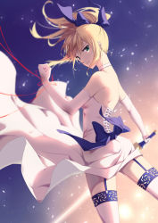 Rule 34 | 1girl, artoria pendragon (all), artoria pendragon (fate), back, blonde hair, blue bow, blurry, bow, choker, clenched hand, closed mouth, cowboy shot, depth of field, dress, eyebrows, fate/stay night, fate (series), floating hair, from behind, garter straps, gloves, gradient background, green eyes, hair bow, highres, holding, holding sword, holding weapon, jh, light frown, light particles, long hair, looking at viewer, official alternate costume, ponytail, saber (fate), solo, strapless, strapless dress, string, sword, thighhighs, weapon, wedding dress, white gloves, white thighhighs, wind