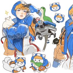 Rule 34 | 1girl, animalization, apex legends, blonde hair, blue bodysuit, blue eyes, blue gloves, bodysuit, breasts, cable, d.o.c. health drone, dog, gloves, highres, hongshao dan die, hood, hooded bodysuit, hooded jacket, jacket, large breasts, lightning bolt symbol, looking at viewer, multiple views, nessie (respawn), non-humanoid robot, orange jacket, parted lips, ribbed bodysuit, robot, signature, skin tight, sparkle, stuffed toy, wattson (apex legends), white bodysuit