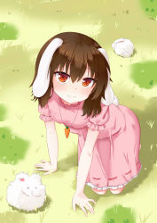 Rule 34 | 1girl, all fours, angora rabbit, animal ears, brown hair, carrot necklace, clover, dress, four-leaf clover, grass, hazao (luckytewi), highres, inaba tewi, jewelry, looking at viewer, necklace, pendant, pink dress, rabbit, rabbit ears, rabbit girl, rabbit tail, red eyes, shadow, short hair, short sleeves, smile, solo, tail, touhou