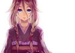 Rule 34 | 1girl, bad id, bad pixiv id, blonde hair, blue eyes, braid, crimsonseed, hair between eyes, ia (vocaloid), japanese clothes, kimono, long hair, looking at viewer, simple background, solo, twin braids, vocaloid, white background