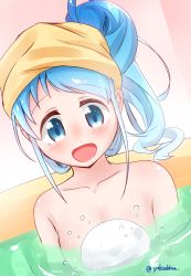 Rule 34 | 1girl, absurdres, artist name, bath, bathing, blue eyes, blue hair, blush, breasts, collarbone, commentary request, highres, in water, kantai collection, long hair, looking at viewer, nude, one-hour drawing challenge, open mouth, samidare (kancolle), sidelocks, small breasts, solo, swept bangs, towel, towel on head, yokoshima (euphoria)