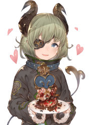 Rule 34 | 1girl, nanashi inc., bad id, bad pixiv id, black coat, blue eyes, blush, cake, coat, collar, demon girl, demon horns, demon tail, eyepatch, food, green hair, hanarito, heart, holding, holding plate, honey strap, horns, long sleeves, looking at viewer, open mouth, oversized clothes, plate, pointy ears, sekishiro mico, short hair, simple background, smile, solo, star (symbol), tail, upper body, virtual youtuber, white background