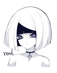 Rule 34 | 1girl, absurdres, bare shoulders, black choker, black hair, blue eyes, blunt bangs, bob cut, character name, chinese commentary, choker, commentary request, cropped torso, eyelashes, heart, heart choker, highres, indie utaite, looking at viewer, multicolored hair, niconico, pale skin, portrait, reol, sheya, short hair, silver hair, simple background, solo, two-tone hair, white background