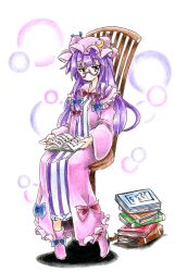 Rule 34 | 1girl, bespectacled, book, bow, bubble background, colored pencil (medium), crescent, dress, eyelashes, full body, glasses, goku (acoloredpencil), gokuu (acoloredpencil), hair bow, hat, highres, long hair, looking at viewer, patchouli knowledge, purple dress, purple eyes, purple hair, red-framed eyewear, semi-rimless eyewear, shadow, shoes, sitting, solo, striped clothes, striped dress, touhou, traditional media, under-rim eyewear, white background