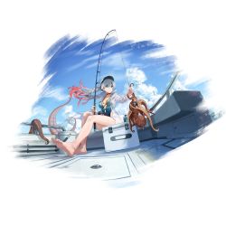 Rule 34 | 1girl, barefoot, blue eyes, blue one-piece swimsuit, boat, breasts, bucket, character doll, choker, cloud, cloudy sky, dripping, fishing rod, full body, game cg, girls&#039; frontline, girls&#039; frontline neural cloud, gradient hair, hair between eyes, highres, hood, hood down, hooded jacket, jacket, lwmmg (girls&#039; frontline), medium breasts, multicolored hair, octopus, official alternate costume, official art, one-piece swimsuit, outdoors, persicaria (neural cloud), pink hair, see-through, see-through jacket, sitting, sky, solo, swimsuit, tentacles, transparent background, twintails, visor cap, watercraft, white hair