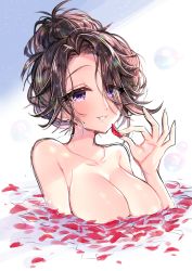 Rule 34 | 1girl, absurdres, adachi (nogami nono), bare shoulders, breasts, brown hair, cleavage, collarbone, completely nude, covered erect nipples, hair bun, hair over one eye, highres, holding, holding petal, idolmaster, idolmaster cinderella girls, large breasts, light smile, looking at viewer, nude, partially submerged, petals, petals on liquid, purple eyes, rose petals, single hair bun, solo, takahashi reiko, upper body
