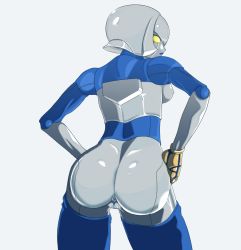Rule 34 | 1girl, android, anus, artist request, ass, back, backboob, breasts, candy diamond, from behind, hands on own hips, looking back, medium breasts, nipples, robot, shiny skin, short hair, silver hair, silver skin, snk, solo, the king of fighters