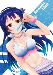 Rule 34 | 10s, 1girl, absurdres, artist request, bikini, blue hair, breasts, character name, cleavage, gradient background, highres, long hair, love live!, love live! school idol project, natsuiro egao de 1 2 jump!, navel, polka dot, polka dot background, solo, sonoda umi, swimsuit, yellow eyes