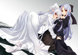 Rule 34 | 00s, 2girls, :o, :q, albino, ass, black dress, blue hair, bow, checkered floor, dress, dutch angle, floor, foreshortening, from behind, gradient background, hair bow, half updo, len (tsukihime), long hair, looking at viewer, looking back, melty blood, motikura, multiple girls, open mouth, pantyhose, pointy ears, red eyes, silver hair, thighhighs, tongue, tongue out, tsukihime, white dress, white legwear, white len (tsukihime)