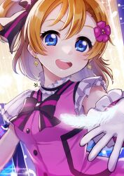 Rule 34 | 1girl, absurdres, birthday, blue eyes, blush, breasts, commentary, earrings, feathers, flower, hair flower, hair ornament, highres, jewelry, kosaka honoka, kyaku tasu, looking at viewer, love live!, love live! school idol project, medium hair, one side up, orange hair, signature, small breasts, smile, solo, upper body, white feathers