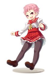 Rule 34 | 1girl, black pantyhose, blueberry (5959), blush, breasts, fang, full body, highres, loafers, open mouth, original, pantyhose, pink eyes, pink hair, shoes, short hair, simple background, skirt, smile, solo