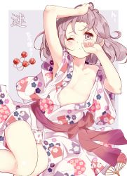 Rule 34 | 10s, 1girl, absurdres, adapted costume, alternate costume, arm up, armpits, eyebrows, floral print, hair bobbles, hair ornament, hamaken. (novelize), hand fan, hand in own hair, highres, japanese clothes, kantai collection, kimono, looking at viewer, obi, one eye closed, open clothes, paper fan, pink eyes, pink hair, sash, sazanami (kancolle), short hair, solo, uchiwa, undressing, yukata