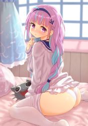 Rule 34 | 1girl, ahoge, anchor symbol, aqua hair, aqua nails, ass, bed, bed sheet, blunt bangs, blush, braid, curtains, day, embarrassed, feet out of frame, frills, hairband, highres, hololive, indoors, long hair, long sleeves, looking at viewer, looking back, microskirt, minato aqua, minato aqua (sailor), mizunashi (second run), multicolored hair, nail polish, no shoes, on bed, panties, pantyhose, parted lips, pillow, purple eyes, purple hair, ribbon, school uniform, serafuku, side braid, sitting, skirt, solo, streaked hair, stuffed animal, stuffed cat, stuffed toy, thighhighs, twin braids, twintails, two-tone hair, underwear, virtual youtuber, wariza, white panties, white pantyhose, white skirt, window