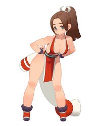 Rule 34 | 1girl, absurdres, bare shoulders, breasts, brown hair, cleavage, commentary, dress, full body, grey eyes, hands on own hips, high ponytail, highres, leaning forward, looking at viewer, monster l (hochihochiha), pelvic curtain, red dress, revealing clothes, shiranui mai, simple background, sleeveless, sleeveless dress, solo, standing, the king of fighters, thighhighs, white background