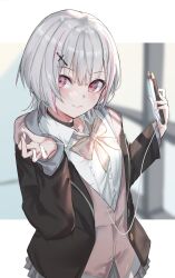 Rule 34 | 1girl, asumi sena, black jacket, blazer, bow, bowtie, cardigan, cellphone, collared shirt, commentary request, cross hair ornament, earphones, grey hair, grey skirt, hair ornament, highres, holding, holding phone, jacket, long hair, long sleeves, looking at viewer, multicolored hair, open clothes, open jacket, phone, pink bow, pink bowtie, pink cardigan, pink eyes, pink hair, ringozeri, shirt, skirt, smartphone, smile, solo, streaked hair, twintails, virtual youtuber, vspo!, white shirt