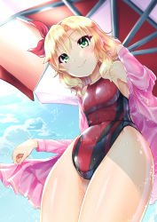Rule 34 | 10s, 1girl, beach umbrella, blonde hair, blue sky, blush, bow, breasts, closed mouth, cloud, commentary request, competition swimsuit, cowboy shot, day, eyes visible through hair, green eyes, hair bow, hairband, hassen (8cm), highleg, highleg swimsuit, idolmaster, idolmaster cinderella girls, jacket, legs together, looking at viewer, one-piece swimsuit, pink jacket, red one-piece swimsuit, sakurai momoka, shiny clothes, shiny skin, short hair, sky, smile, solo, swimsuit, umbrella, water drop, wet