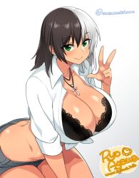 Rule 34 | 1girl, agawa ryou, artist name, bad id, bad tumblr id, black bra, black hair, borrowed character, bra, breasts, cleavage, collarbone, cross, cross necklace, curvy, eyebrows, gradient background, green eyes, grey background, huge breasts, jewelry, lace, lace bra, long hair, looking at viewer, multicolored hair, necklace, open clothes, open shirt, original, shirt, short shorts, shorts, signature, smile, solo, thighs, tied shirt, twitter username, two-tone hair, underwear, white background, white hair, wide hips