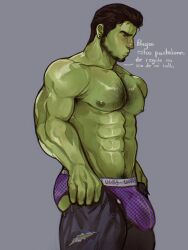 Rule 34 | 1boy, abs, armpit hair, armpit hair peek, artist request, ass, bakku (bakkunsfw), bara, beard, blush, briefs, bulge, bulge lift, chest hair, colored skin, covered penis, dressing, facial hair, feet out of frame, from side, green skin, highres, i&#039;ve never seen a guy recreate this successfully tbh (meme), large pectorals, long sideburns, male focus, male underwear, mature male, meme, monster boy, muscular, muscular male, navel hair, nipples, open pants, orc, original, pants, pants lift, pectorals, purple male underwear, short hair, shy, sideburns, solo, stomach, topless male, torn clothes, torn pants, translation request, tusks, undersized clothes, underwear