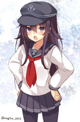 Rule 34 | 10s, 1girl, :o, akatsuki (kancolle), blush, cowboy shot, hands on own hips, hat, kantai collection, long hair, looking at viewer, open mouth, pantyhose, pleated skirt, purple eyes, purple hair, shiromikan, sketch, skirt, solo, twitter username