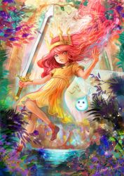 Rule 34 | 1girl, blue eyes, child, child of light (game), crown, dress, highres, igniculus, long hair, pink hair, princess aurora, smile, solo, sword, usuda hiro, weapon, wings