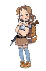 Rule 34 | 1girl, absurdres, animal ears, backpack, bag, belt, blue thighhighs, blush, borrowed character, bracelet, brown eyes, brown hair, brown skirt, child, choker, dog ears, dog girl, dog tail, fangs, female focus, full body, gun, highres, jewelry, knife, looking at viewer, mole, mole under eye, navel, open mouth, opossumachine, original, rifle, simple background, skirt, solo, spiked bracelet, spikes, standing, tail, thighhighs, twintails, weapon, white background