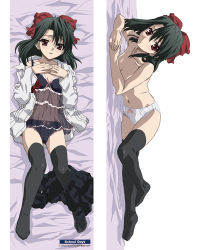 Rule 34 | 00s, 1girl, babydoll, black hair, bow, bow panties, breast suppress, breasts, covering privates, covering breasts, dakimakura (medium), hair bow, hair ribbon, kiyoura setsuna, lingerie, lowres, lying, multiple views, official art, on back, on side, open clothes, open shirt, panties, red eyes, ribbon, school days, school uniform, shirt, short hair, thighhighs, topless, underwear