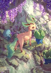 Rule 34 | artist name, clockbirds, commentary, creatures (company), day, english commentary, flower, game freak, gen 1 pokemon, gen 2 pokemon, gen 4 pokemon, highres, leafeon, moss, nature, nintendo, no humans, oddish, outdoors, photoshop (medium), plant, pokemon, pokemon (creature), purple flower, river, rock, scenery, tree, water, waterfall, watermark, wisteria, wooper