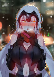 Rule 34 | 1girl, ahoge, armor, armored dress, bare shoulders, black dress, black gloves, blurry, blurry background, blush, breasts, candy, chocolate, chocolate heart, cleavage, dress, fate/grand order, fate (series), food, fur trim, gloves, headpiece, heart, highres, jeanne d&#039;arc (fate), jeanne d&#039;arc alter (avenger) (fate), jeanne d&#039;arc alter (avenger) (third ascension) (fate), jeanne d&#039;arc alter (fate), large breasts, long hair, navel, short hair, silver hair, valentine, yellow eyes, yueqin (monnpiano)