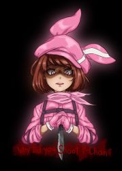 Rule 34 | 1girl, absurdres, animal hat, black background, brown hair, commentary, english commentary, english text, gloves, glowing, glowing eyes, hat, highres, knife, llenn (sao), long sleeves, looking down, open mouth, pink gloves, pink hat, pink scarf, purple eyes, rabbit hat, ray0sunshine, scarf, shaded face, short hair, solo, sword art online, sword art online alternative: gun gale online