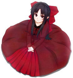 Rule 34 | 00s, 1girl, alternate color, black hair, dress, female focus, full body, half updo, highres, len (tsukihime), looking at viewer, melty blood, parted bangs, pointy ears, recolor, red dress, simple background, sitting, solo, tsukihime, varitora, white background