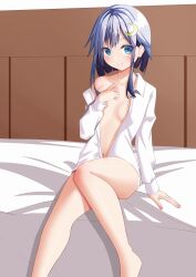 Rule 34 | amano miyako, bare shoulders, bed, bed sheet, blue eyes, blue hair, breasts, collarbone, crescent, crescent hair ornament, crescent pin, crossed legs, hair ornament, kantai collection, messy hair, open clothes, open shirt, shirt, short hair, short hair with long locks, small breasts, smile, white shirt, wooden wall, yayoi (kancolle)