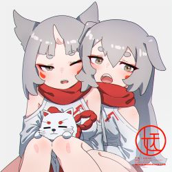 Rule 34 | 2girls, animal, animal ears, bare shoulders, blush, brown eyes, commentary request, dog ears, dress, facial mark, fangs, feet out of frame, grey background, grey hair, hair between eyes, highres, knees up, komainu, kuro kosyou, long hair, multiple girls, one eye closed, open mouth, original, red scarf, scarf, short eyebrows, simple background, sitting, teeth, thick eyebrows, upper teeth only, very long hair, white dress