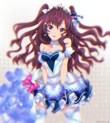 Rule 34 | 1girl, artist name, blurry, bow, breasts, brown hair, choker, chromatic aberration, cleavage, cowboy shot, depth of field, diadem, dress, hair bow, headband, ichinose shiki, idolmaster, idolmaster cinderella girls, idolmaster cinderella girls starlight stage, long hair, looking at viewer, medium breasts, mizuki makoto, open mouth, purple bow, purple eyes, short dress, sleeveless, sleeveless dress, smile, solo, sparkle, standing, strapless, strapless dress, thighhighs, twintails, two side up, very long hair, white bow, white thighhighs