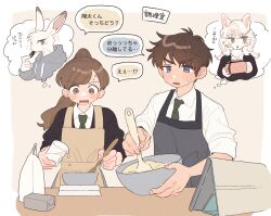 Rule 34 | 2boys, 2girls, animal ears, apron, baking, black apron, black sweater, blue eyes, body fur, bowl, box, brown apron, brown background, brown eyes, brown hair, chocolate, collared shirt, commentary request, dog ears, dog girl, eating, furry, furry female, gift, green necktie, grey eyes, grey hoodie, hands up, highres, holding, holding box, hood, hoodie, long hair, long sleeves, looking at object, multiple boys, multiple girls, necktie, open mouth, original, ponytail, rabbit boy, rabbit ears, rata (norahasu), shirt, short hair, simple background, speech bubble, sweater, table, tablet pc, thought bubble, translation request, upper body, white fur, white shirt