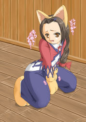 Rule 34 | 1girl, anba no nobu, animal ears, animal hands, between legs, blue pants, braid, brown eyes, cat ears, fake animal ears, female focus, flat chest, forehead, full body, gensou suikoden, gensou suikoden iv, gloves, hair ornament, hair ribbon, hairband, hairclip, hand between legs, have to pee, indoors, japanese text, kneeling, long hair, neck ribbon, noa (suikoden), open mouth, pants, paw gloves, paw shoes, red ribbon, ribbon, shirt, shoes, single braid, solo, talking, translation request, v arms, white shirt, yellow footwear, yellow hairband