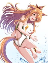 Rule 34 | 1girl, animal ears, ass, bare shoulders, barefoot, black bow, bow, breasts, commentary request, competition swimsuit, ear bow, ear ribbon, feet, foot out of frame, from behind, highres, horse ears, horse girl, horse tail, long hair, looking at viewer, looking back, mayano top gun (umamusume), multicolored clothes, multicolored swimsuit, one-piece swimsuit, orange eyes, orange hair, simple background, small breasts, solo, swimsuit, tail, tsukiyuki mike, two side up, umamusume, wet, white background