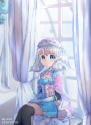 Rule 34 | 1girl, aoi (pixiv2498037), artist name, black thighhighs, blue dress, blurry, blurry background, blush, cape, closed mouth, commentary request, curtains, dated, depth of field, dress, elbow gloves, feet out of frame, gloves, hands on lap, hat, highres, indoors, long sleeves, looking at viewer, melia antiqua, nintendo, pink cape, pleated dress, silver hair, sitting, smile, solo, thighhighs, white gloves, window, xenoblade chronicles (series), xenoblade chronicles 1
