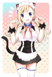 Rule 34 | 1girl, absurdres, alternate costume, alternate hairstyle, animal ears, apron, asuma no, black skirt, blonde hair, blue eyes, cat ears, cat tail, collared shirt, commentary request, cowboy shot, earrings, eden&#039;s zero, enmaided, fake animal ears, fake tail, hair ornament, hair scrunchie, hair up, highres, jewelry, long hair, looking at viewer, maid, maid headdress, miniskirt, neck ribbon, notice lines, open mouth, paw pose, pink ribbon, pink scrunchie, pleated skirt, rebecca bluegarden, ribbon, scrunchie, shirt, single sidelock, skirt, sleeveless, sleeveless shirt, smile, solo, standing, swept bangs, tail, thighhighs, twintails, underbust, waist apron, white shirt, white thighhighs, wrist cuffs