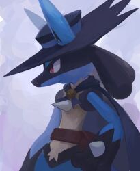 Rule 34 | 1boy, animal ears, animal hands, arm at side, black fur, black hat, blue cape, blue fur, body fur, cape, closed mouth, clothed pokemon, cosplay, creatures (company), ears through headwear, from side, furry, furry male, game freak, gen 4 pokemon, hand on own hip, hat, highres, ikei, looking to the side, lucario, lucario (costume party), male focus, multicolored fur, nintendo, poke ball theme, pokemon, pokemon: lucario and the mystery of mew, pokemon (anime), pokemon (creature), pokemon rse (anime), pokemon unite, profile, purple background, red eyes, sash, simple background, sir aaron, sir aaron (cosplay), snout, solo, spikes, standing, upper body, wolf boy, wolf ears, yellow fur