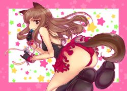 Rule 34 | 1girl, animal ears, ass, blush, brown eyes, brown hair, dress, fernandia malvezzi, flower, frills, gloves, long hair, marie (bethlehem), panties, shoes, smile, socks, solo, strike witches, strike witches: kurenai no majo-tachi, tail, underwear, world witches series