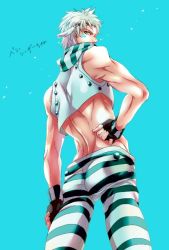 Rule 34 | 1boy, caesar anthonio zeppeli, facial mark, feather hair ornament, feathers, fingerless gloves, gloves, green eyes, hair ornament, headband, jojo no kimyou na bouken, male focus, midriff, official alternate costume, pants, sakuma yona, solo, striped clothes, striped pants, vest, white hair